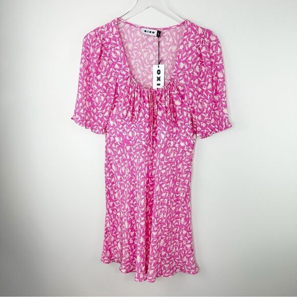 Lilita Azalea Pink Short Ruffle Sleeved Floral-Print Silk Mini Dress Sz Small - Picture 2 of 16